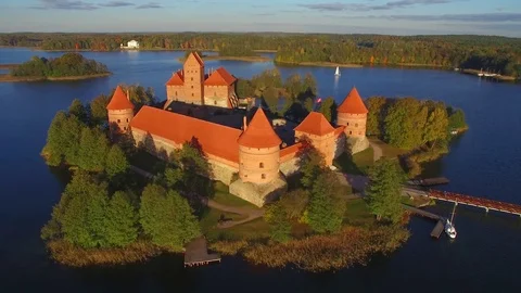 Aerial view of Trakai castle Stock Footage 76453671