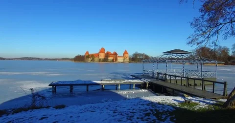 Aerial view of Trakai old castle and Galve lake, Lithuania - 001 Stock Footage 72965489