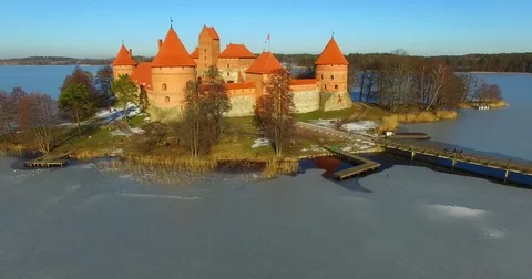 Aerial view of Trakai old castle and Galve lake, Lithuania - 008 Stock Footage 72966440
