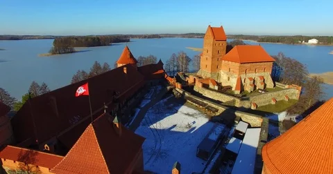 Aerial view of Trakai old castle and Galve lake, Lithuania - 010 Stock Footage 72966680