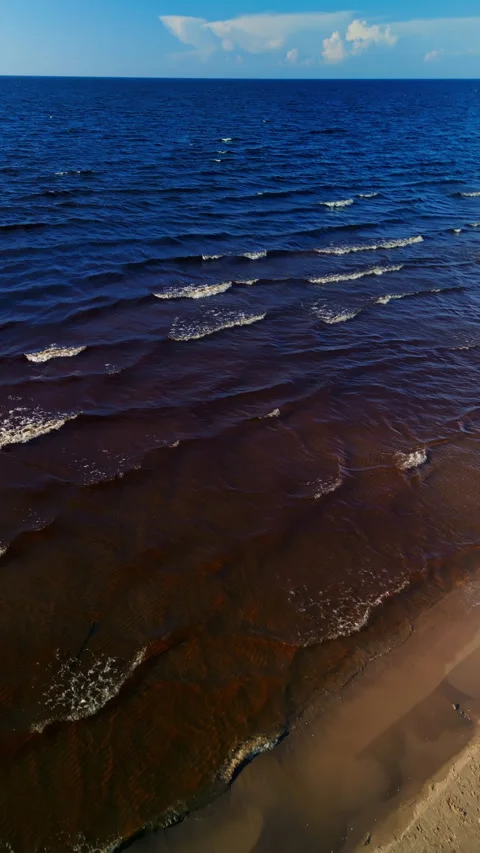 Aerial View of Tranquil Blue Ocean Waves Meeting Sandy Shoreline with Clear Stock Footage 276512458