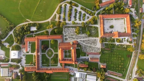 Aerial View of a Tranquil Monastery Complex Stock Footage 289626837