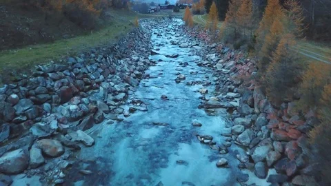 Aerial view of tranquil river in mountains flowing. Stock Footage 107085317