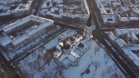 Aerial view of Transfiguration Cathedral in winter Odessa at sunset Stock Footage 119830687
