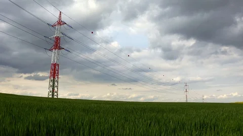 Aerial view of transmission tower in fields 스톡 동영상 120562729