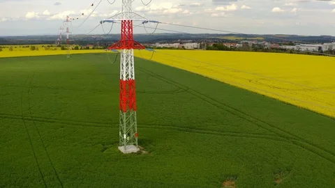 Aerial view of transmission tower in fields Video stock 120562922