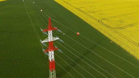 Aerial view of transmission tower in fields Video stock 120562991