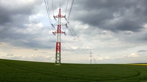 Aerial view of transmission tower in fields Stock Footage 120563139