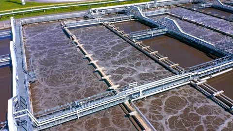 Aerial view of treatment facilities. Pumping station and drinking water supply Stock Footage