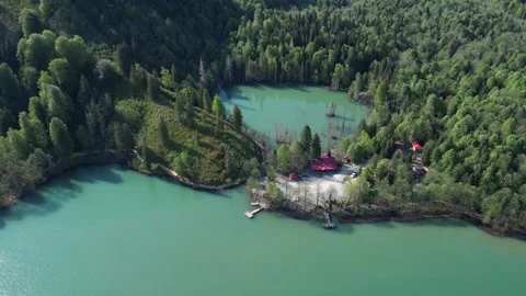 Aerial view of tree covered lake in Borcka 2 Stock Footage 294076549
