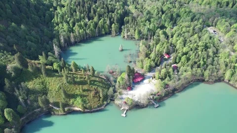 Aerial view of tree covered lake in Borcka in summer 2 Stock Footage 294076904