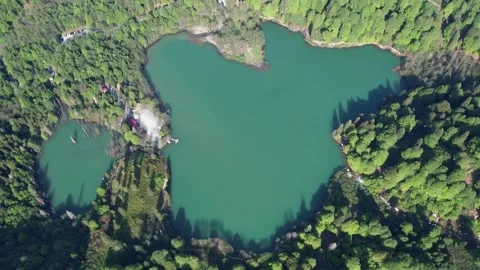 Aerial view of tree covered lake in Borcka in summer 3 Stock Footage 294077199