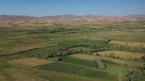 Aerial view of tree lined green fields and hills 2 Stock Footage 293946473