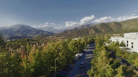 Aerial view of a tree-lined street in San Carlos de Apoquindo with a valley and Stock Footage 332568463