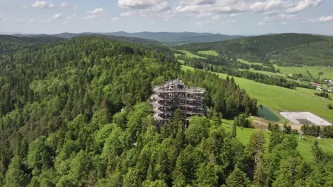 Aerial view of the tree top observation tower in resort town Krynica-Zdroj, Stock Footage 314044031