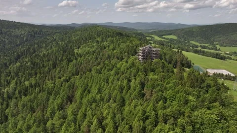 Aerial view of the tree top observation tower in resort town Krynica-Zdroj, Stock Footage 314044049
