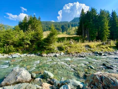 Aerial view on trees, paths and a creek used by people for refreshment in the Stock Photos