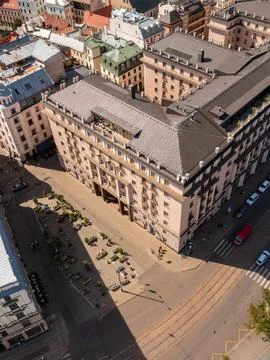 Aerial View of Triangular Building and Urban Layout in Riga, Latvia Stockfoto's