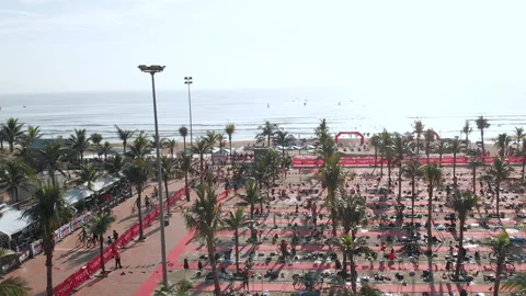 Aerial View of triathletes getting ready for the bike course at the transitio Stock Footage 156667423