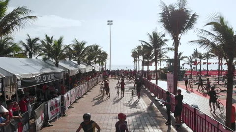Aerial View of triathletes getting ready for the bike course at the transitio Stock Footage 156667519