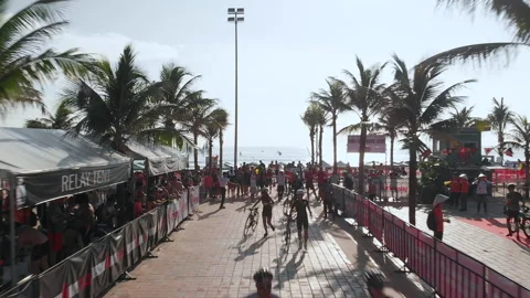 Aerial View of triathletes getting ready for the bike course at the transitio Stock Footage 156667671