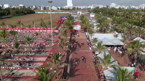 Aerial View of triathletes getting ready for the bike course at the transitio Stock Footage 156667719