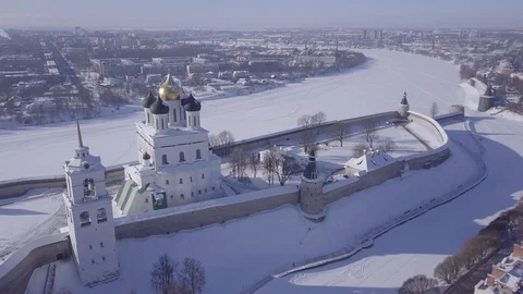 Aerial View On Trinity Cathedral. Pskov Kremlin, Winter Stock Footage