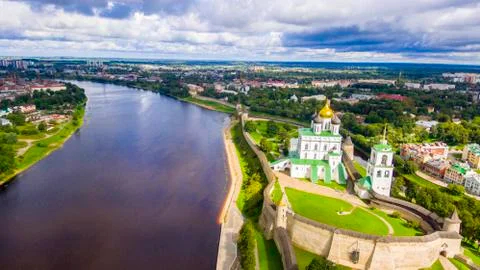 Aerial view of the Trinity Cathedral, Pskov Kremlin Stock Photos