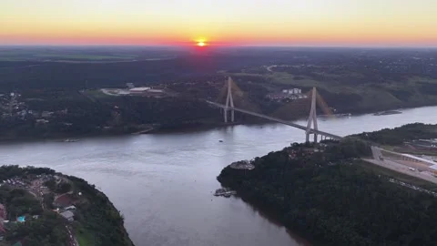 Aerial View of the Triple Frontier and Integration Bridge at Low Sun Stock Footage 342274592