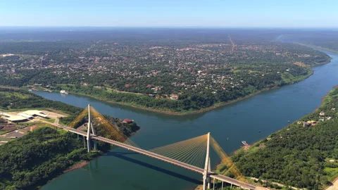 Aerial View of Triple Frontier Bridge Over Parana River Brazil Video stock 333728833