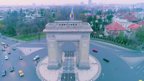 Aerial view of triumphal arch in Bucharest. Morning light The Arc de Triomphe Stock Footage 150590300