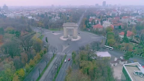 Aerial view of triumphal arch in Bucharest. Morning light The Arc de Triomphe Video stock 150590317