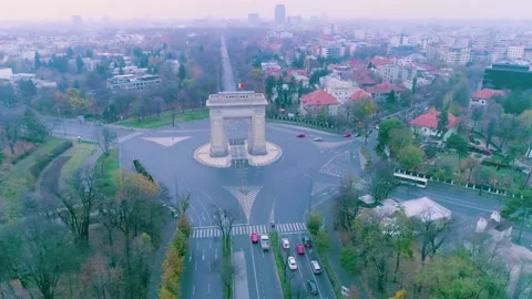 Aerial view of triumphal arch in Bucharest. Morning light The Arc de Triomphe 스톡 동영상 150590334