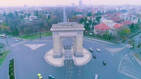 Aerial view of triumphal arch in Bucharest. Morning light The Arc de Triomphe 스톡 동영상 150590341