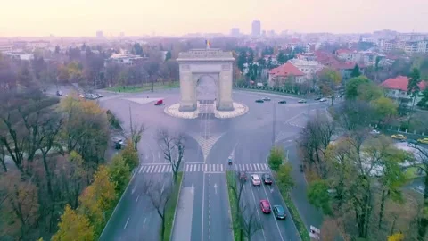 Aerial view of triumphal arch in Bucharest. Morning light The Arc de Triomphe Video stock 150590352