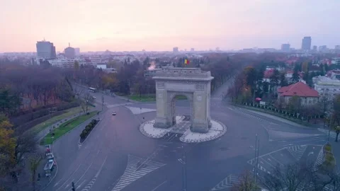 Aerial view of triumphal arch in Bucharest. Morning light The Arc de Triomphe 動画素材 150590355