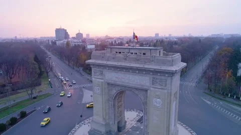 Aerial view of triumphal arch in Bucharest. Morning light The Arc de Triomphe Stock Footage 150590373