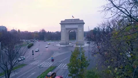 Aerial view of triumphal arch in Bucharest. Morning light The Arc de Triomphe 스톡 동영상 150590374