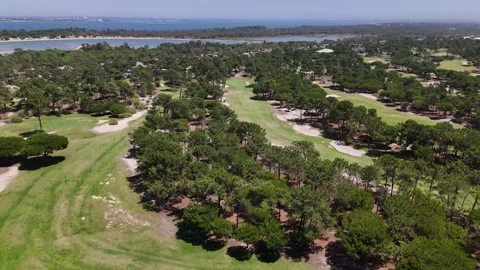 Aerial View of Troia Golf Course in Portugal on a Sunny Day Stock Footage 280180058