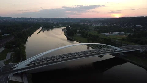 Aerial view of the Troja Bridge after sunset above the Vltava river Stock Footage 161109193