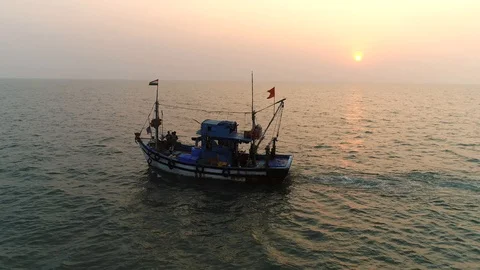 Aerial view. Trolling fish and seafood production in the ocean. Stock-Footage 104663136