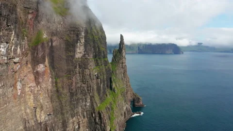 Aerial view of Trollkonufingur or Witch Finger. Vagar island, Faore Islands Stock Footage 167851753