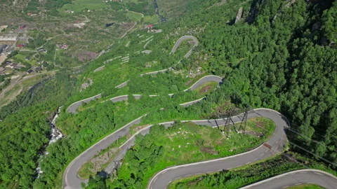 Aerial view of Trollstigen mountain road with sharp hairpin turns in Norway. Stock Footage 328130593