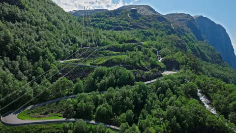 Aerial view of Trollstigen road and surrounding mountains above Geirangerfjord. Stock Footage 328130341