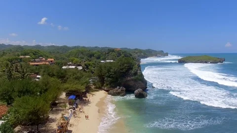 Aerial view of tropical beach on the Java sea, Indonesia. Stock Footage 101041333