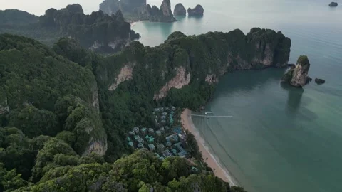 Aerial View of Tropical Beach with Limestone Cliffs and Resorts in Krabi, Ao Stock Footage 334776947