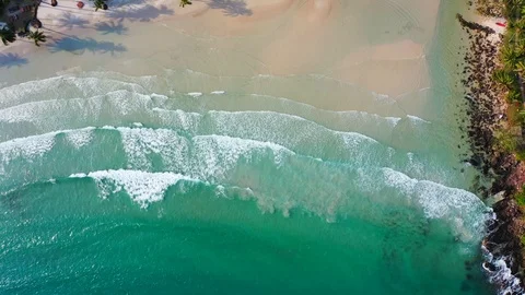 Aerial view, tropical beach, top view of the waves on the beautiful sand beach Видео 105109602