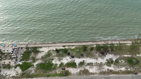 Aerial view of a tropical beachside landscape with palm trees and a road. Stock Footage 336538749