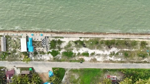 Aerial view of a tropical beachside landscape with palm trees and a road. Stock Footage 336539982