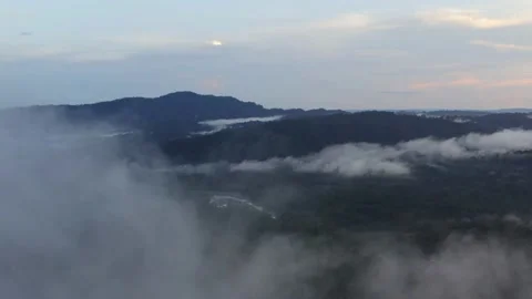 Aerial view of a tropical forest while fog is slowly covering the landscape Stock Footage 143591724